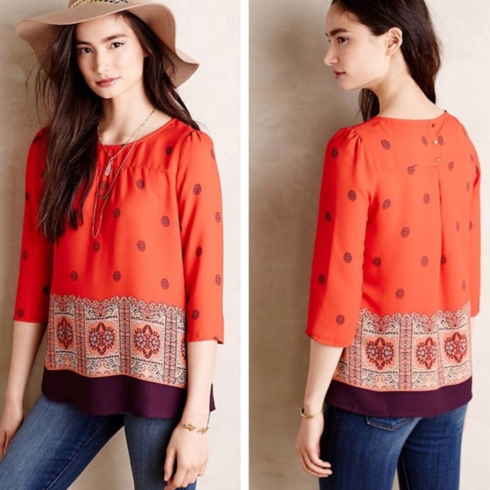 Anthropologie Maeve Rila Red Print 3/4 Sleeve Blouse Top